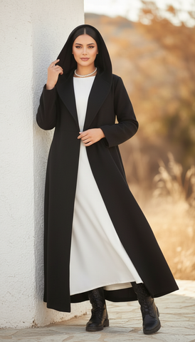 Long Wool Coat with Large Hood