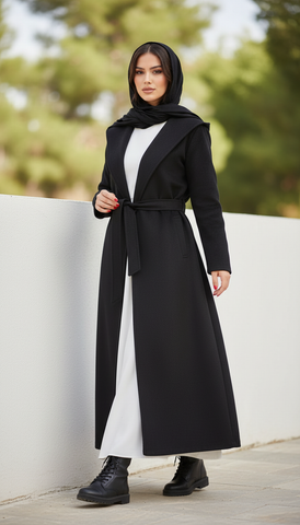 Long Wool Coat with Large Hood