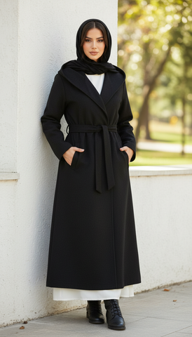Long Wool Coat with Large Hood