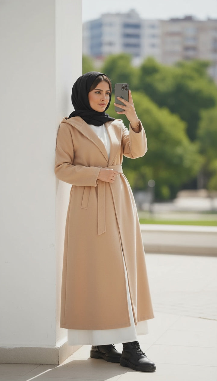 Long Wool Coat with Large Hood